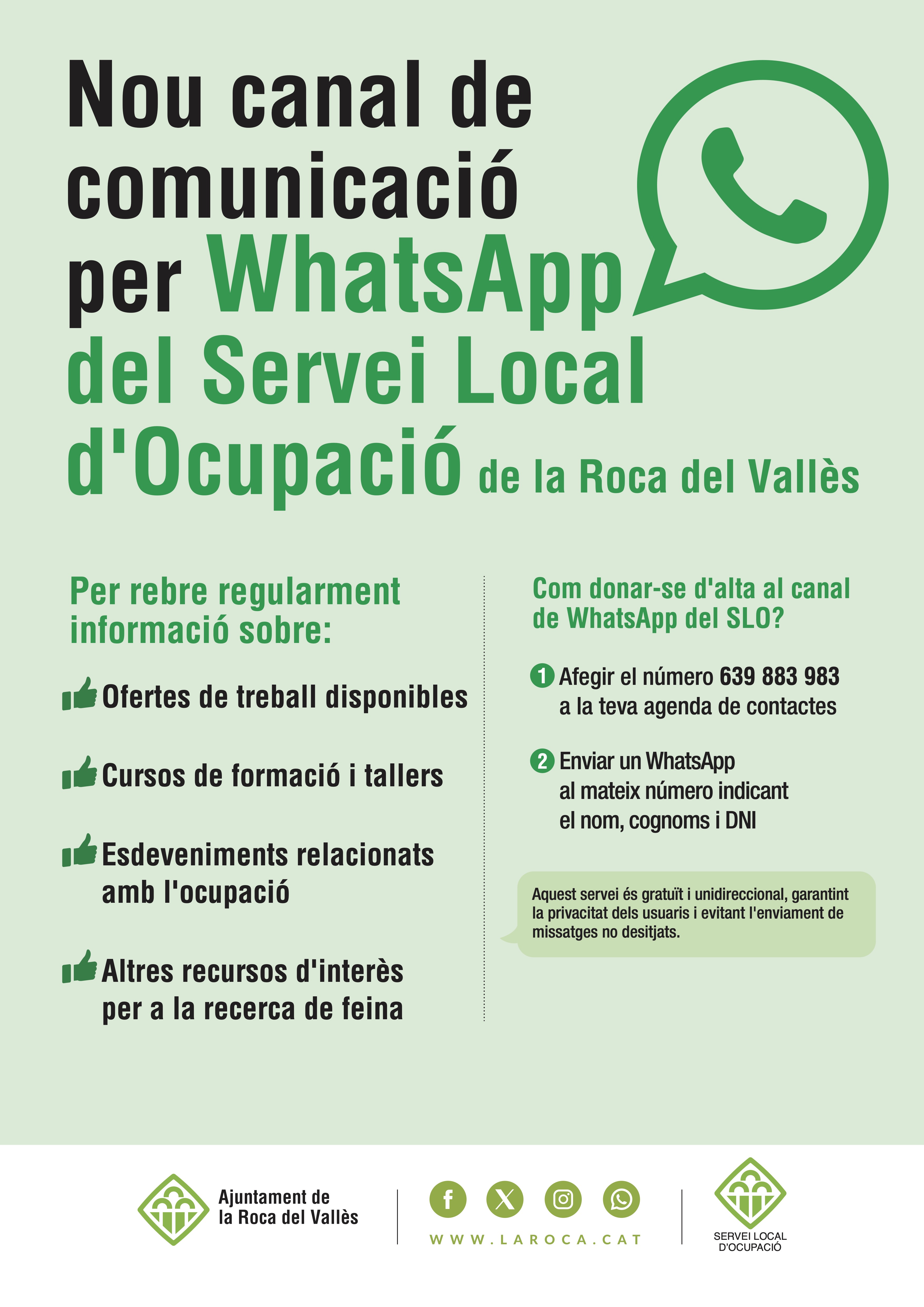 El Servei Local d'Ocupació obre un nou canal de comunicació per WhatsApp